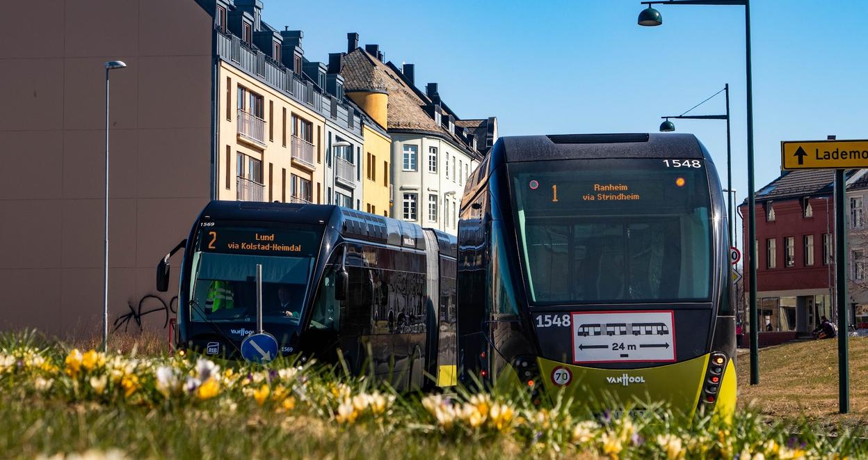 Two modern city buses in Trondheim, Norway, driving through a street lined with colorful buildings on a sunny spring day.