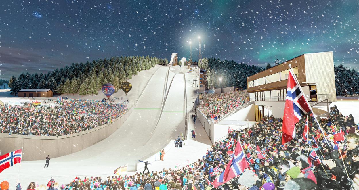 Illustration of Ski Jump arena packed with people
