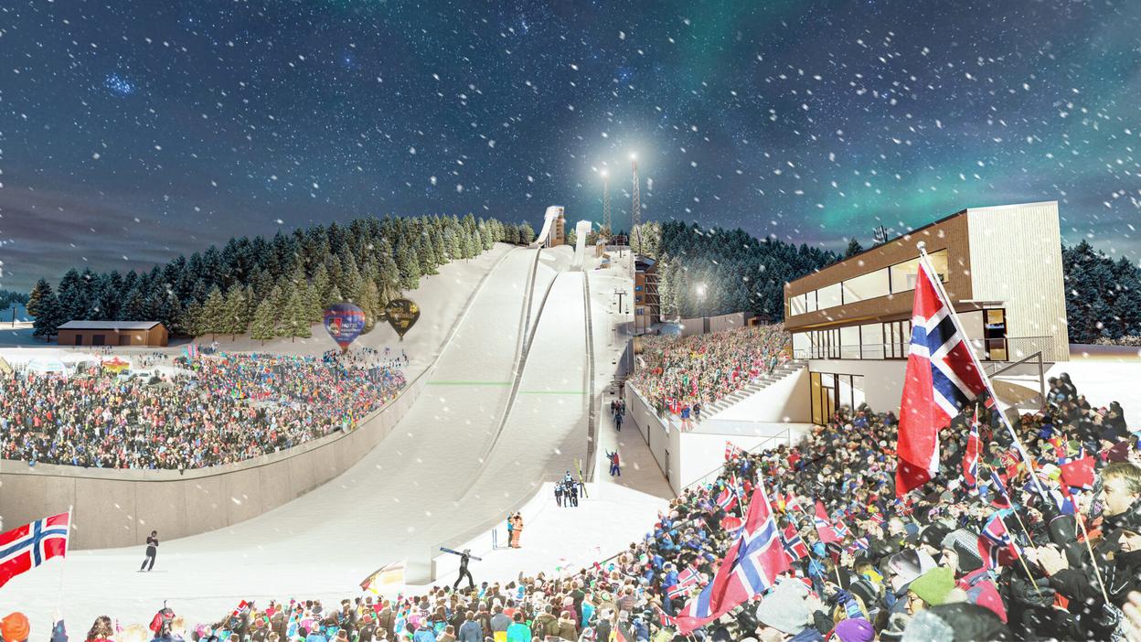 Illustration of Ski Jump arena packed with people