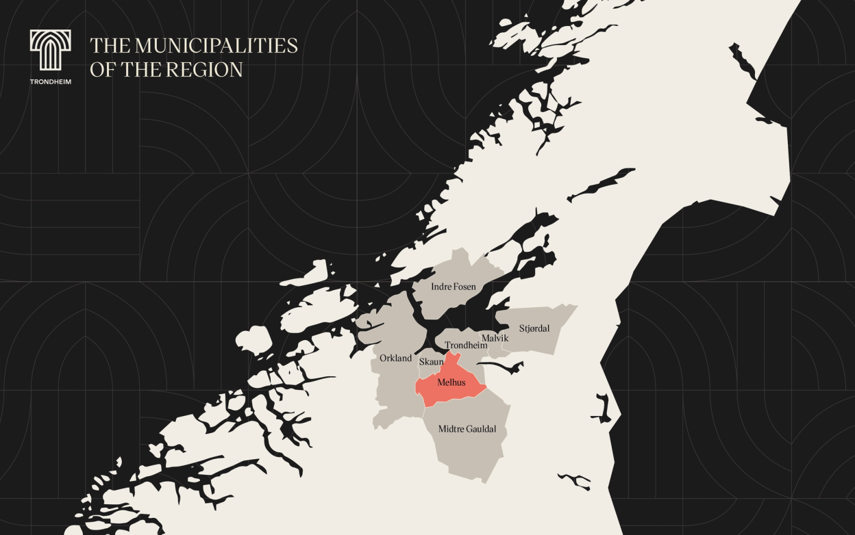 Map of the region, Melhus outlined