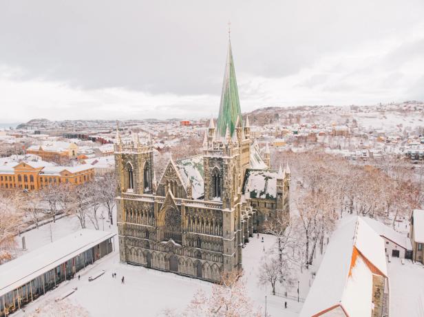 Nidaros Cathedral covered in snow, in wintertime