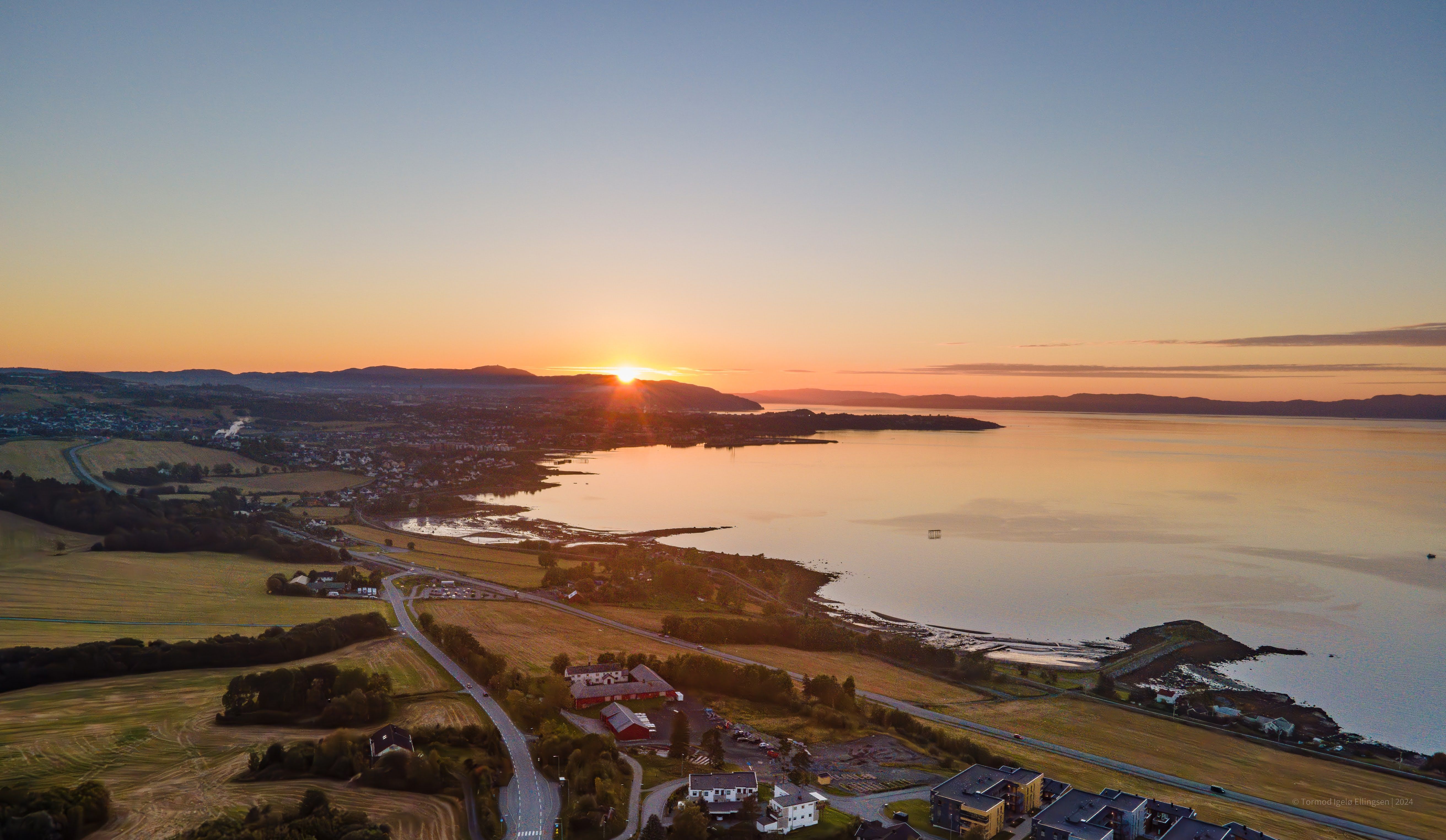 Aerial shot of Trondheim outskirts at sundown