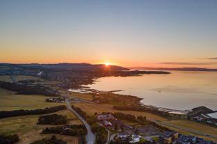 Aerial shot of Trondheim outskirts at sundown