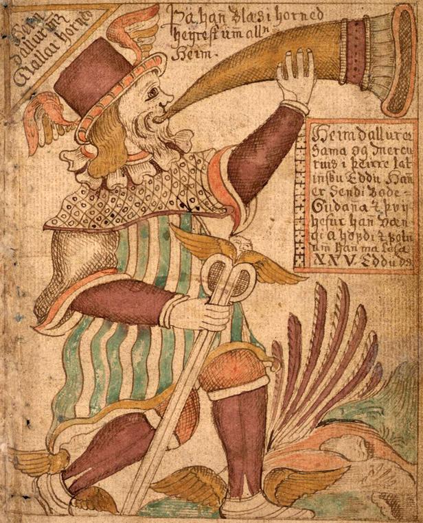 A drawing or painting of a man wearing a red hat with wings, blowing a mighty horn.