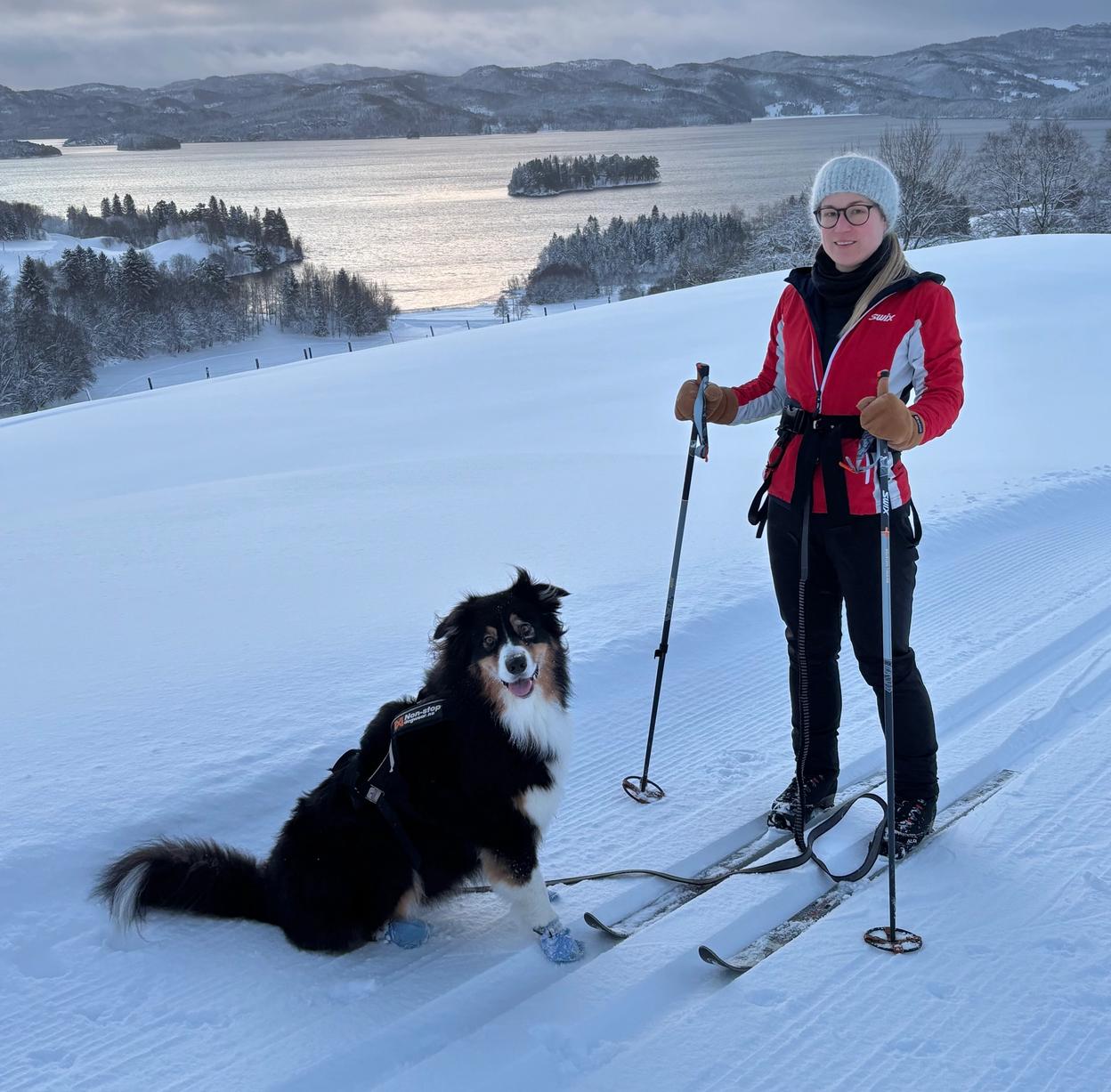 Simone and Taco the Dog cross country skiing in snowy landscape
