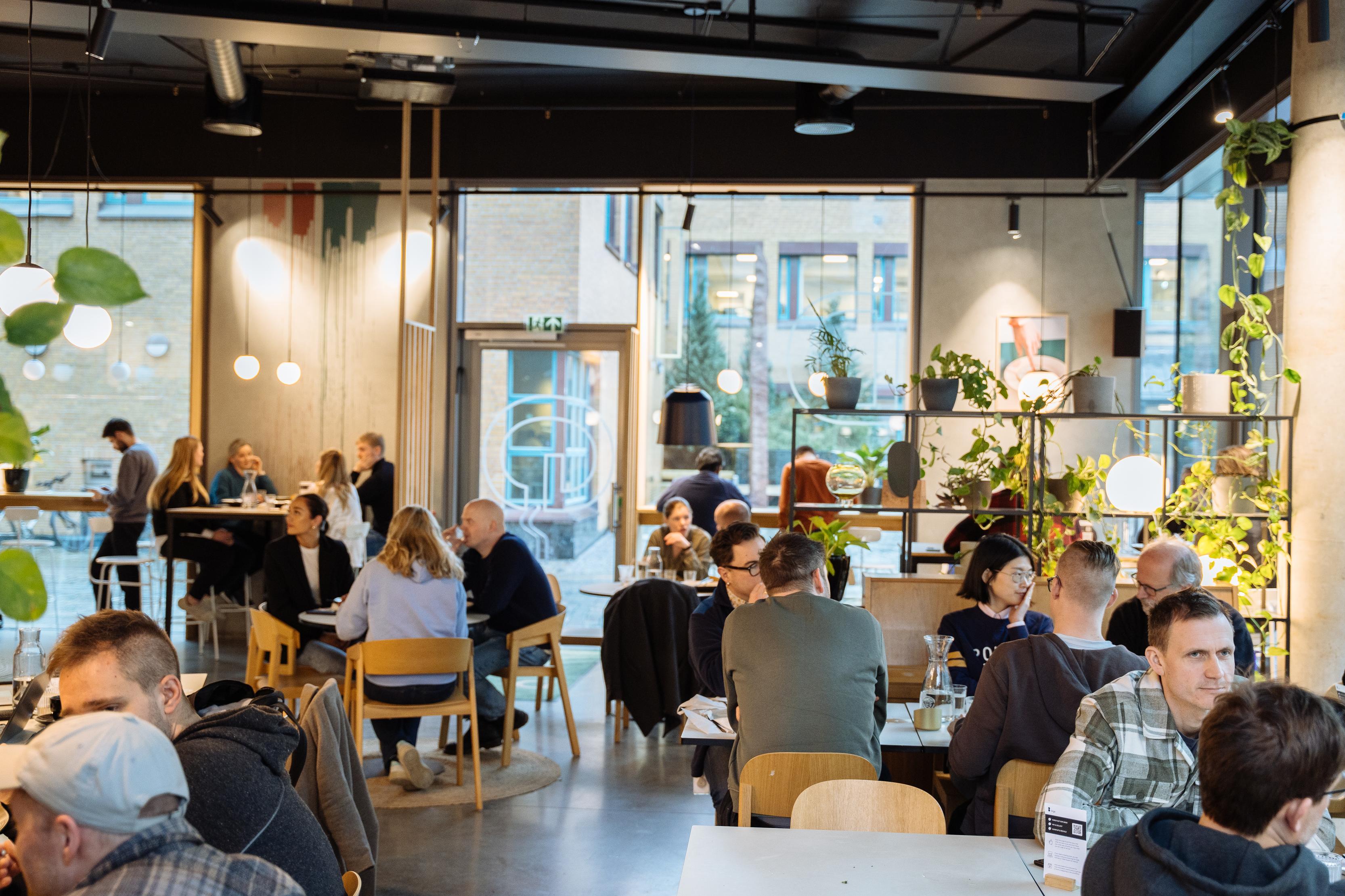 A modern, vibrant café filled with people enjoying food and conversation. Large windows and indoor plants create a cozy atmosphere.