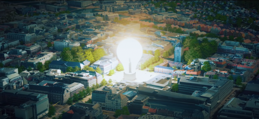 Lightbulb shining in Trondheim's city centre