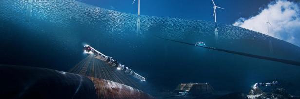 An eel-like robot scanning an underwater cable. Wind turbines are sticking out of the water