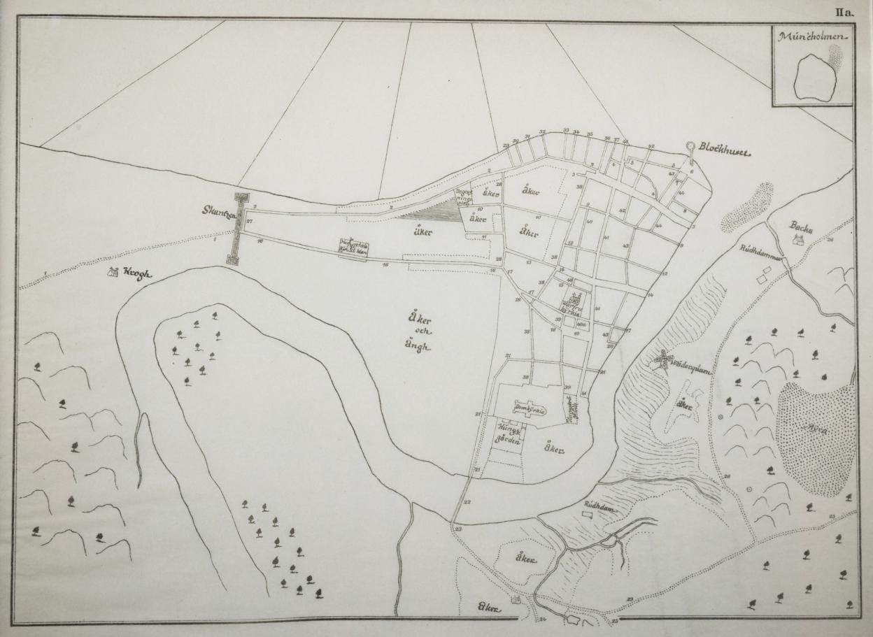 Black/white version of the oldest map existing of Trondheim, Norway, drawn by Olof Nauclér (Olaus Nauclerus) in 1658. The map (the original?) also exists in colour