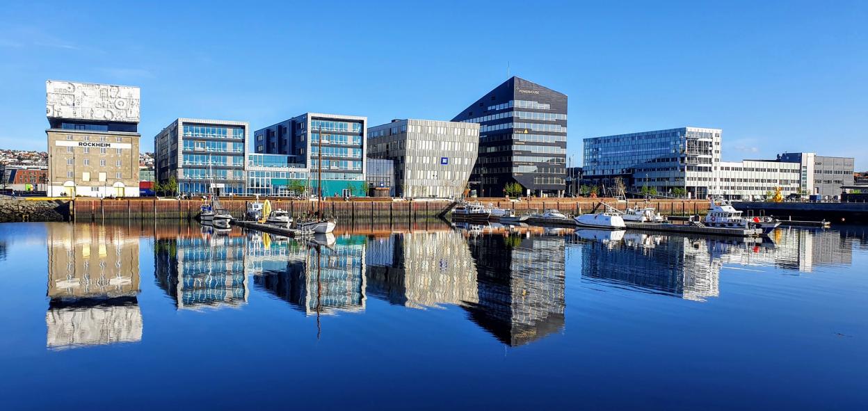 Showing 7 new buildings at seafront area of Brattøra in Trondheim