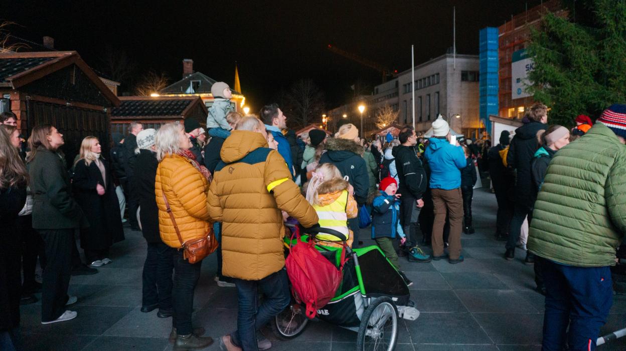 A crowd looking at the biggest Christmas tree in Trondheim at the town-square that's about to be lit up.