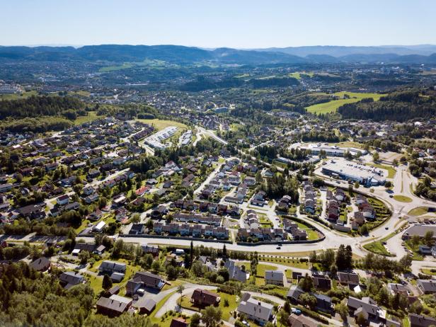 A neighbourhood seen from above. There's a lot of nature and greenery mixed in with the houses and mountains in the background.