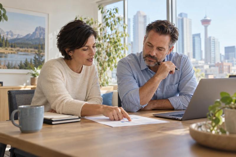 Two professionals discussing marketing performance together at a desk.
