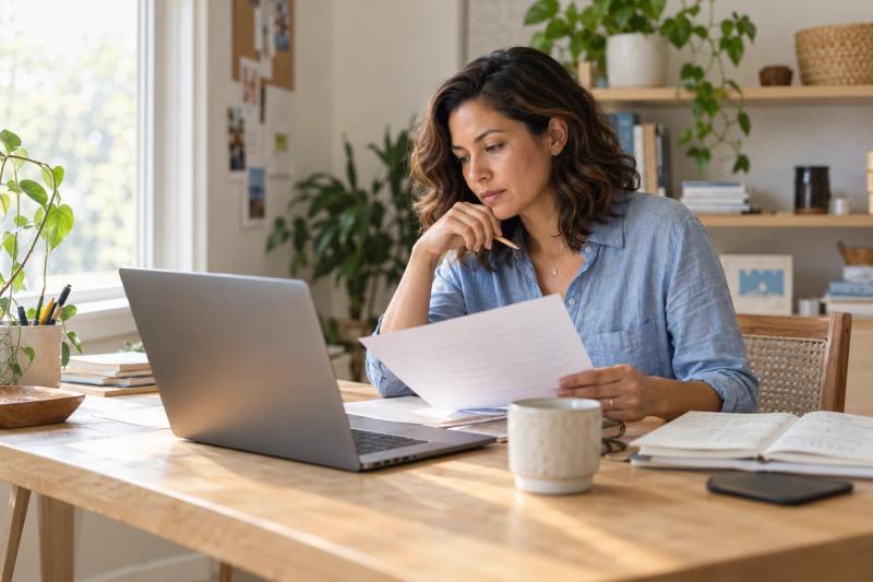 A business owner reviewing campaign reports beside her laptop.