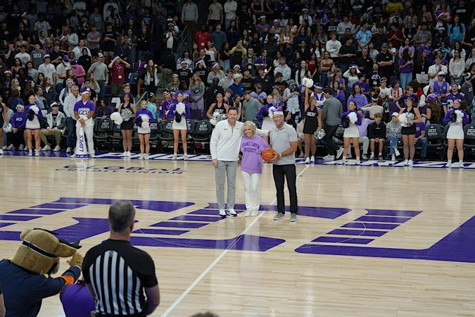 Center court at GCU Arena with the Lopes crowd and cheer squad behind a pregame presentation