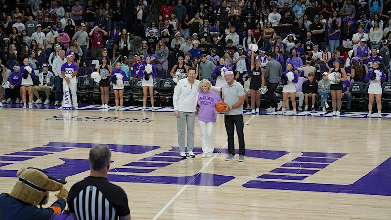 Center court at GCU Arena with the Lopes crowd and cheer squad behind a pregame presentation