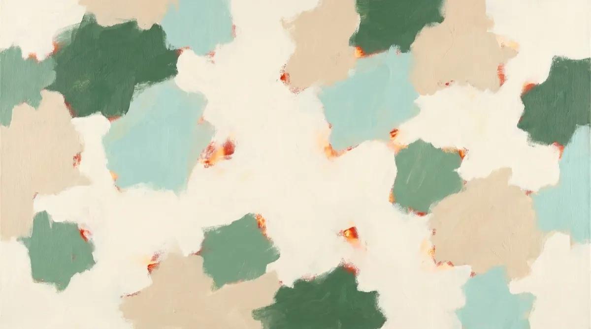 Abstract painting with flowing aqua, teal, and coral paint swirls on a light background