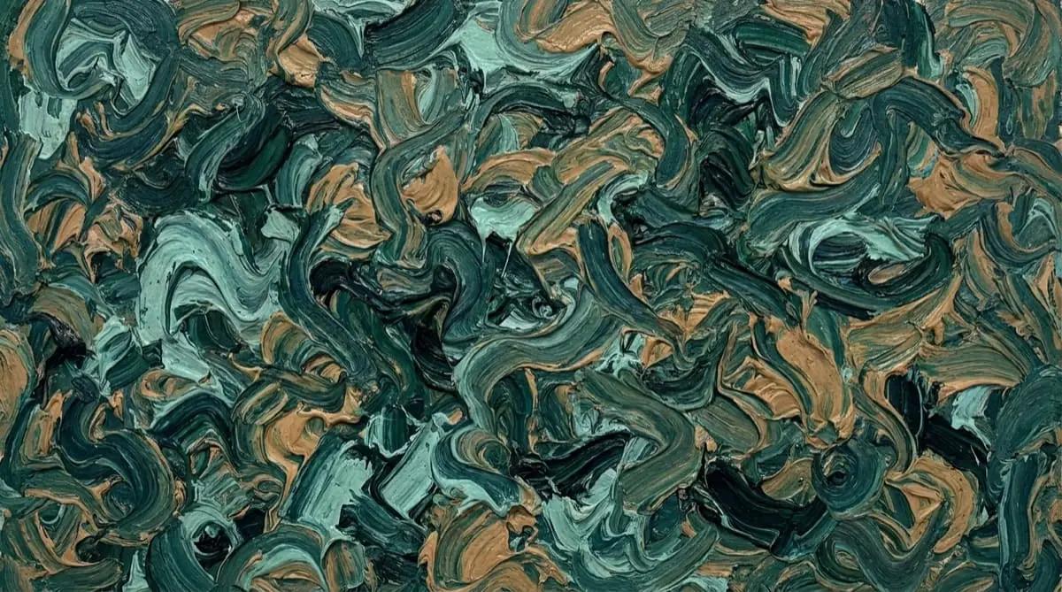 Abstract marbled painting with swirling teal, gold, and warm brown tones