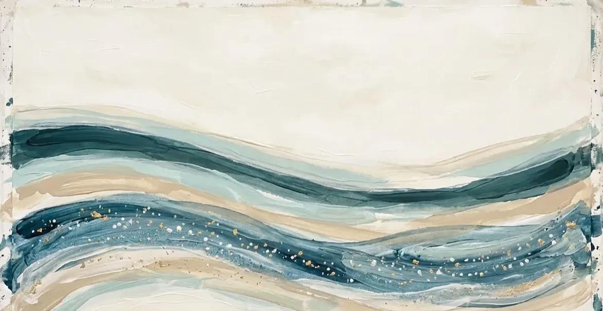 Abstract watercolour painting with flowing horizontal layers in teal, steel blue, and warm cream tones