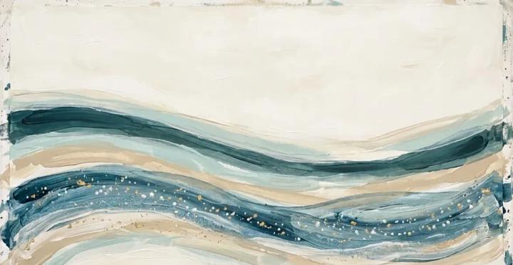 Abstract watercolour painting with flowing horizontal layers in teal, steel blue, and warm cream tones