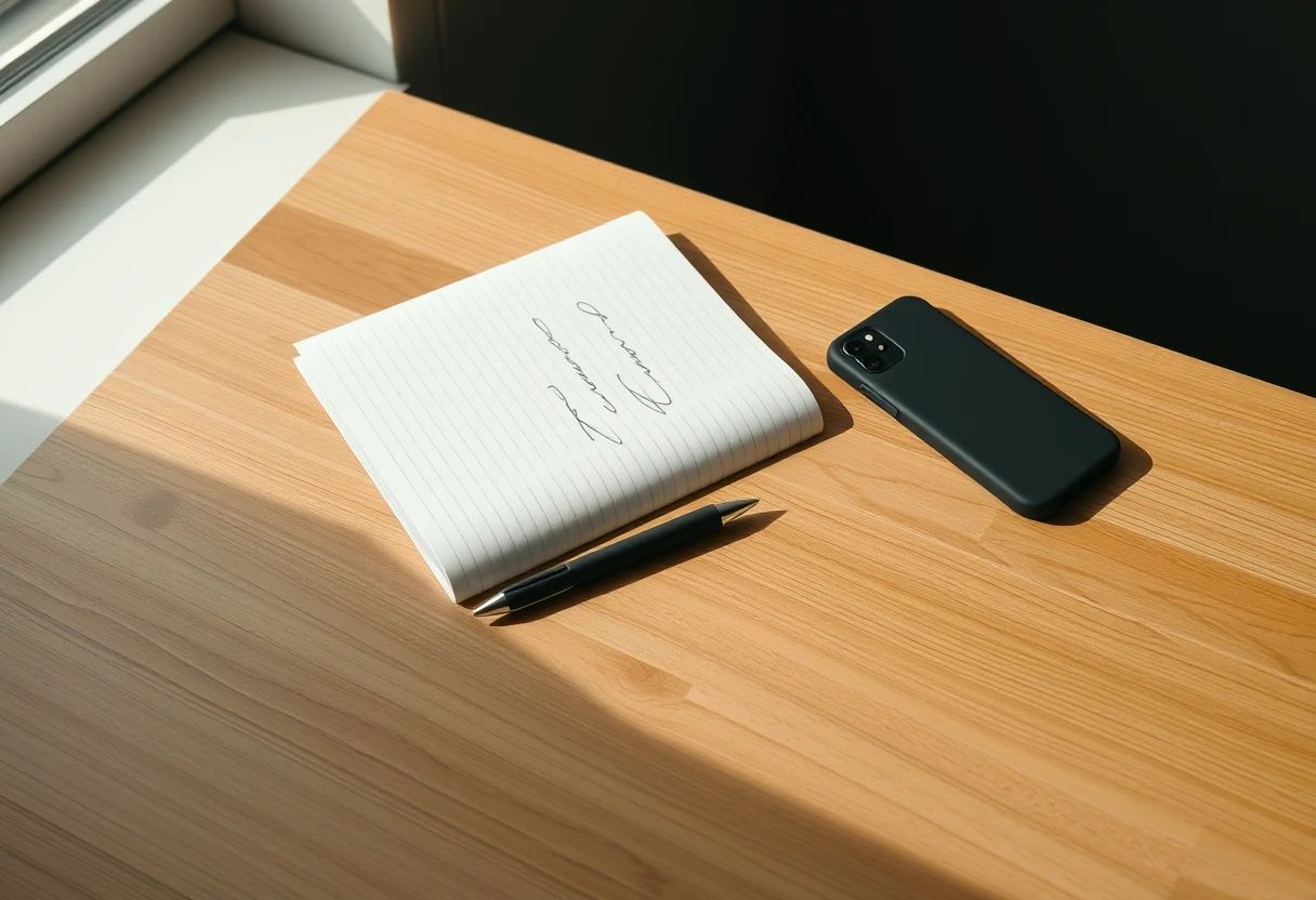 A ruled paper notepad with a few lines of illegible cursive, a black pen, and a smartphone in a plain dark case lying back-up beside it on a sunlit wooden table next to a window.