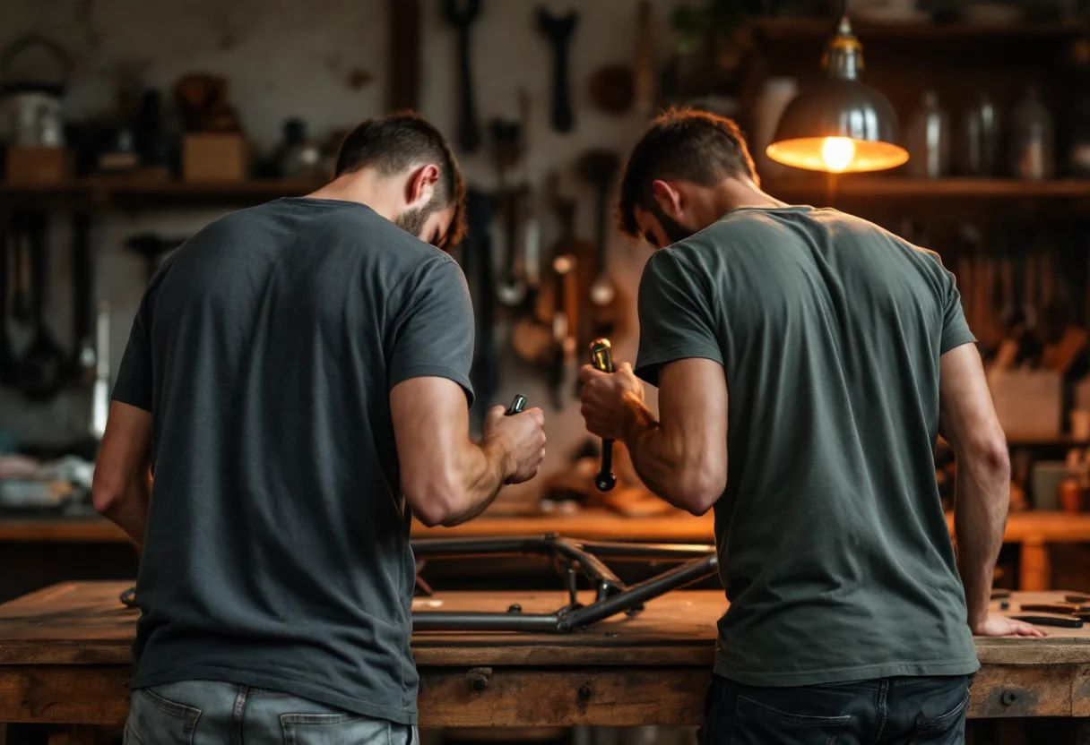 Two men stand shoulder to shoulder at a wooden workbench, backs to the viewer, heads bowed over a steel bicycle frame with a hand tool each.