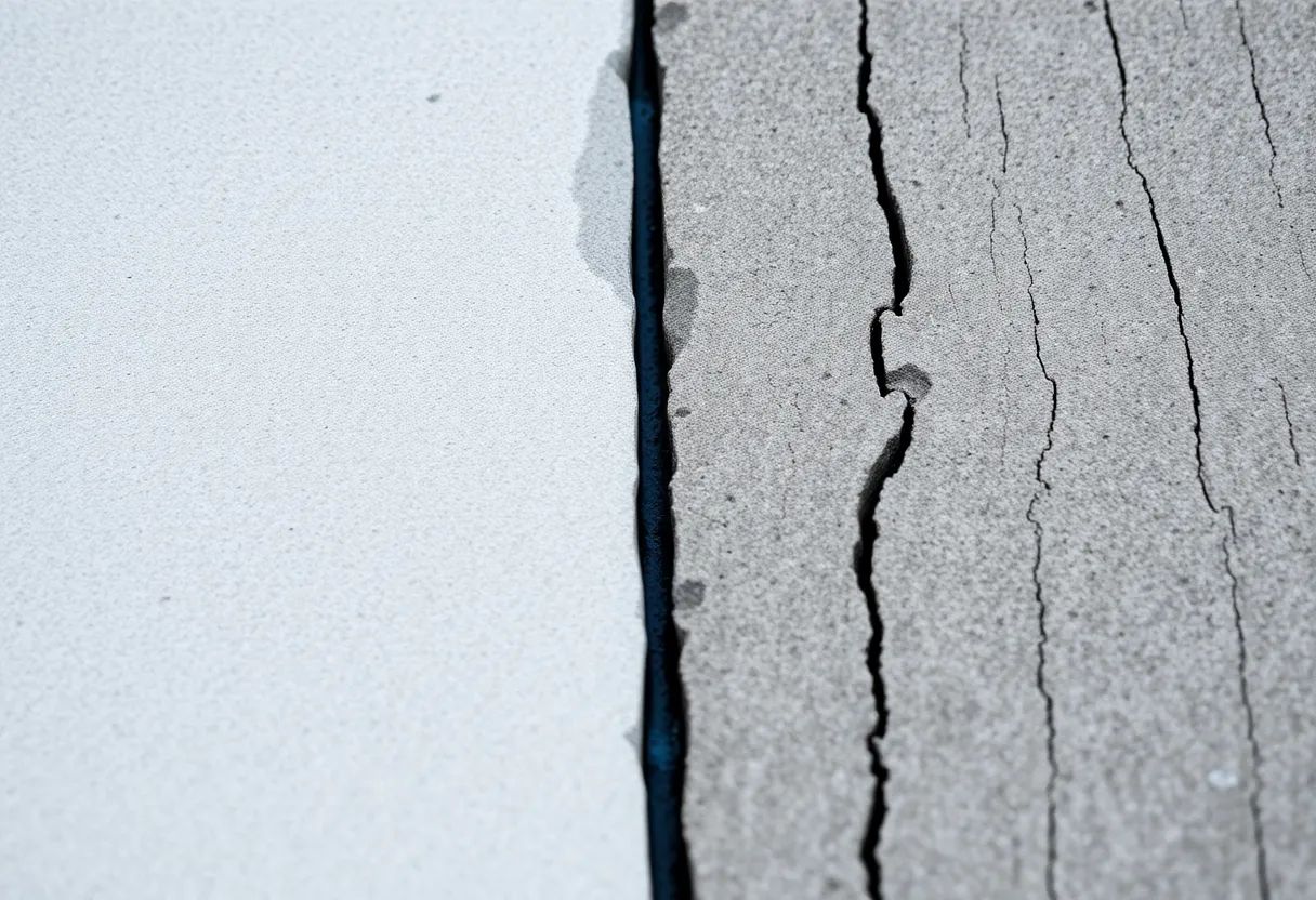 Close view of a join between two surfaces: smooth pale material on the left, cracked grey concrete on the right, separated by a narrow dark blue seam.