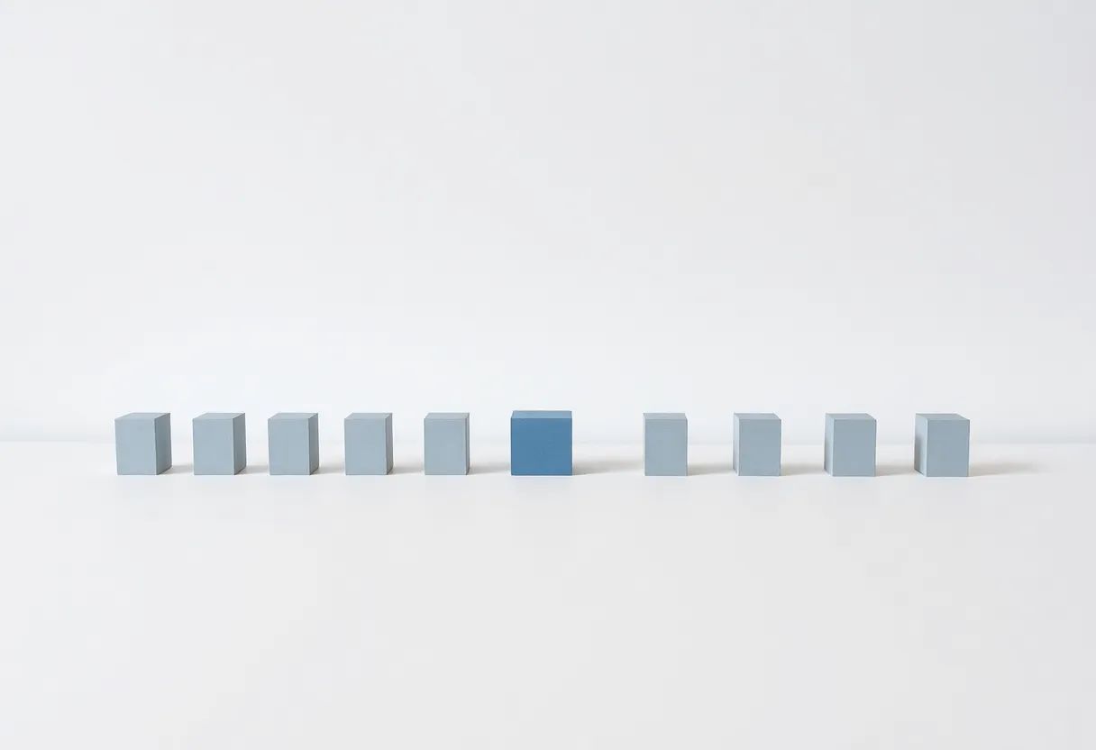 A row of ten small pale grey blocks evenly spaced on a white surface, with the sixth block in solid blue.