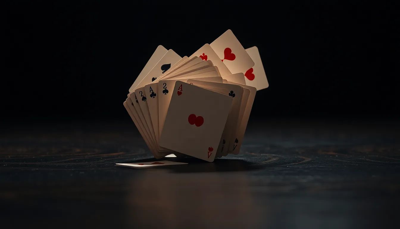 A house of cards mid-collapse on a dark wooden table, soft side light catching the falling cards, shallow depth of field