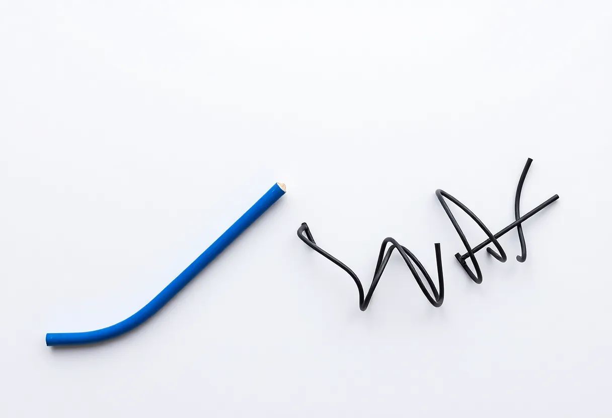 A still life on a white background: a smooth blue rod curving upward on the left, and a tangled black wire scribble on the right.