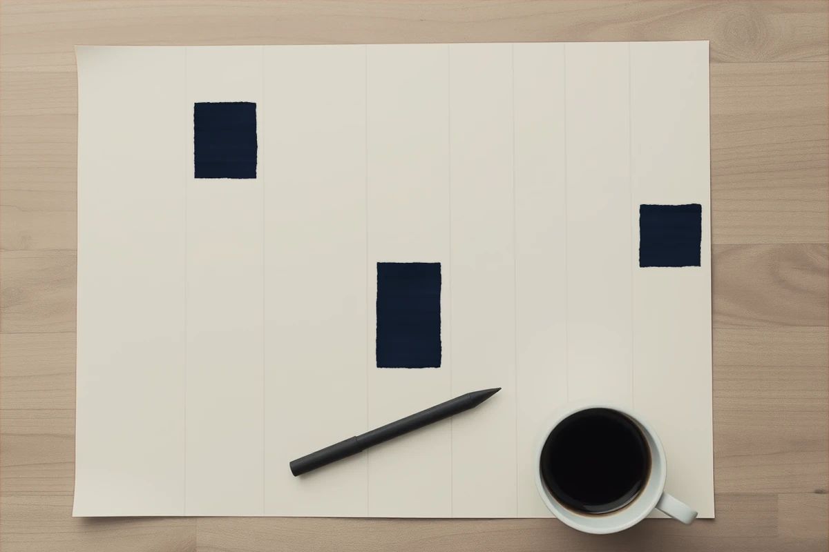 A blank planner sheet with three solid ink blocks at different heights and the rest left open, a pen across it and a coffee cup at the edge.