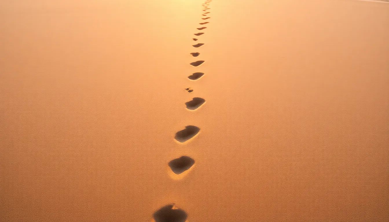 A close-up of a single set of footprints pressed into wet sand at dawn, low warm sidelight, the rest of the beach empty