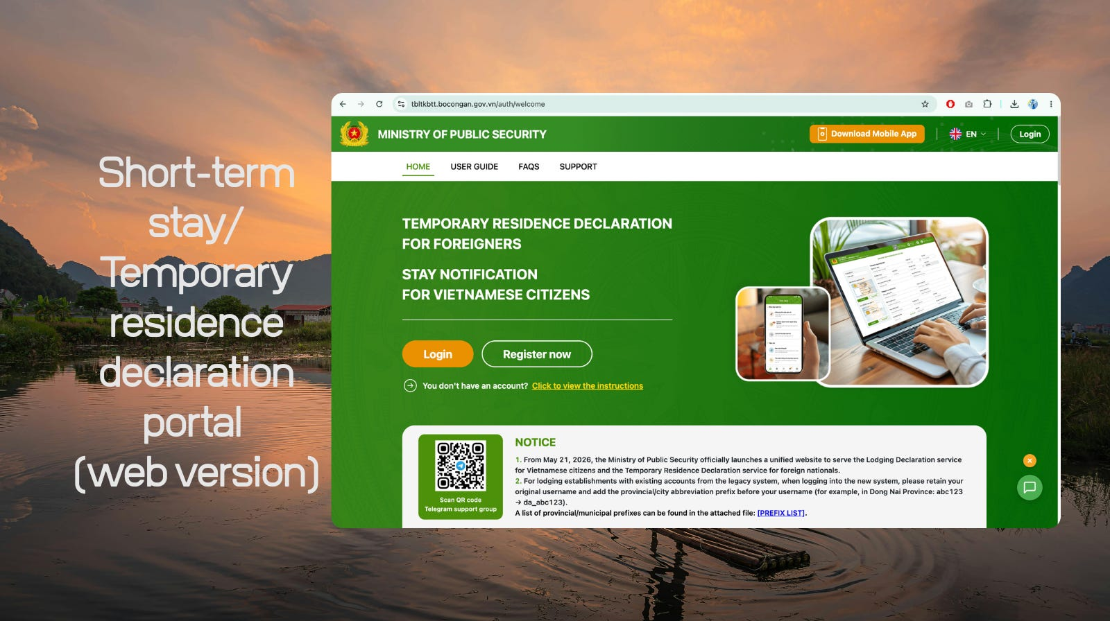 Screenshot of the Vietnamese Short-Term stay/Temporary residence declaration portal (web portal)