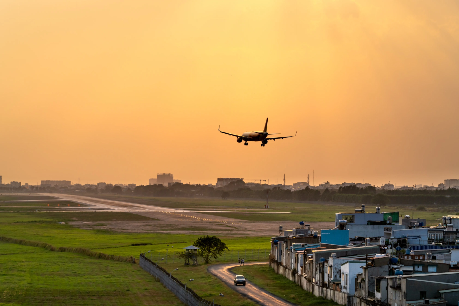 A plane landing at Noi Bai Airport in Hanoi, Vietnam.