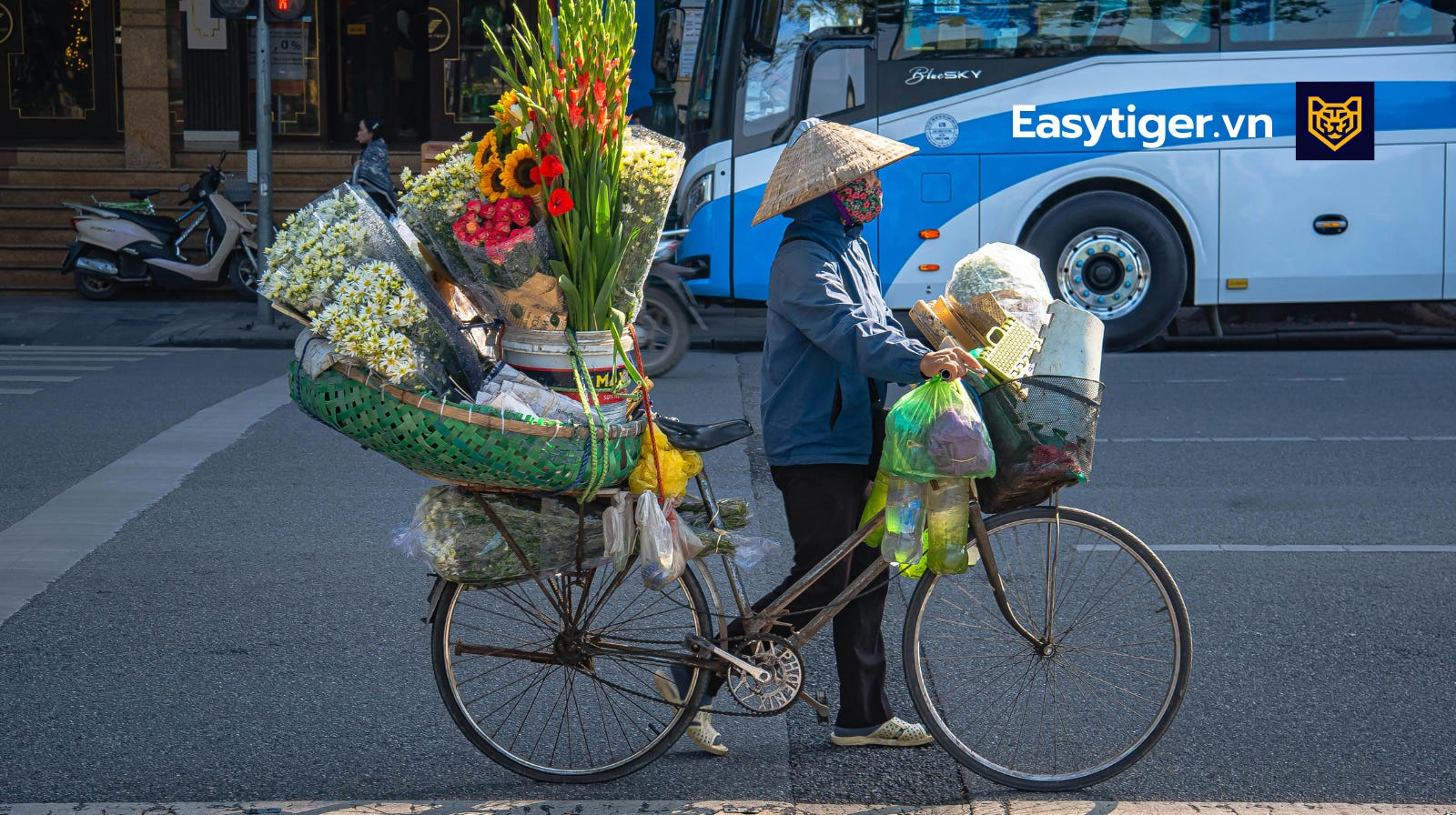 Image of a traditional Vietnamese flower seller walking next to a bicycle