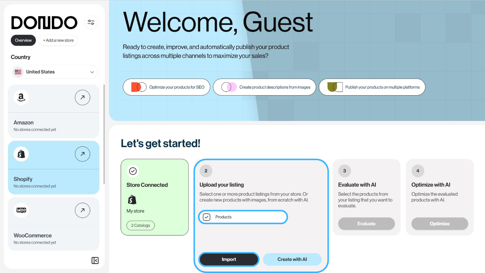screenshot of Dondo's onboarding process, step select catalog to import
