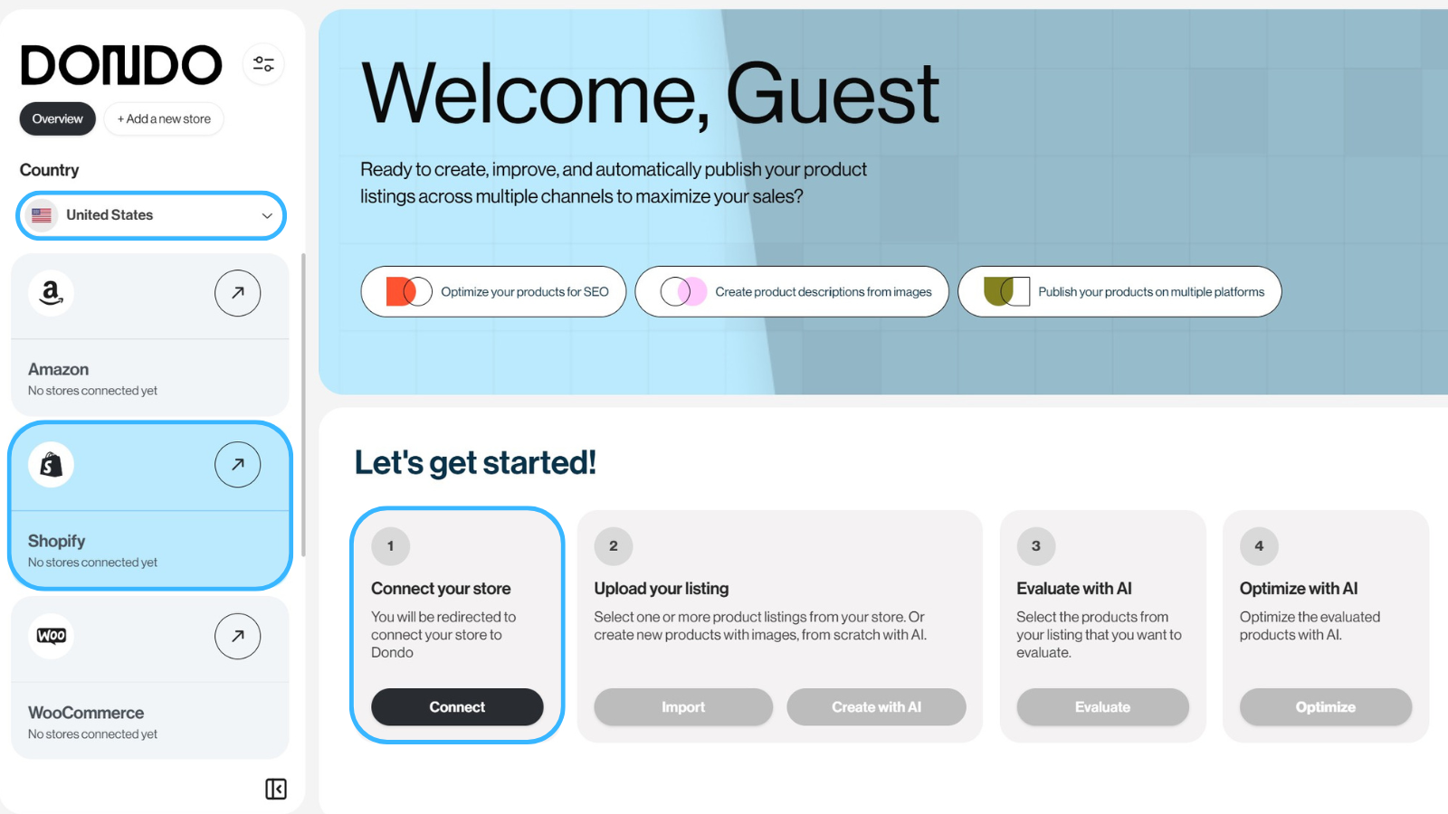 screenshot of Dondo's onboarding, step connect your store