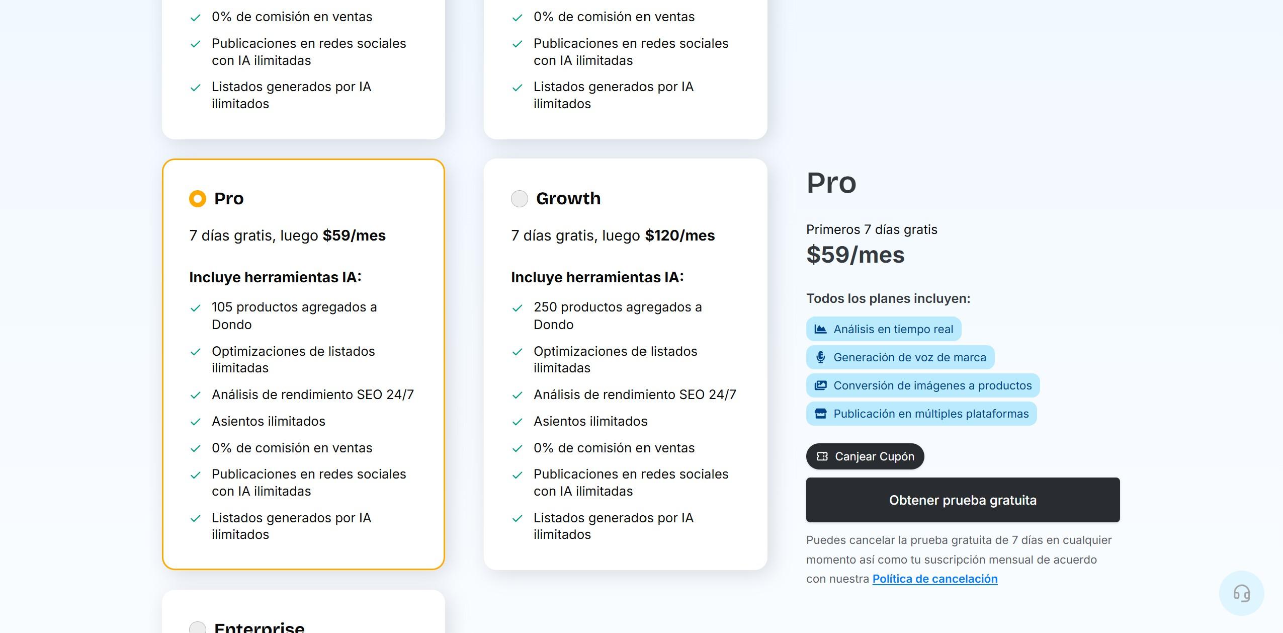 Captura de la pantalla selecciona un plan para iniciar tu prueba gratuita con Dondo