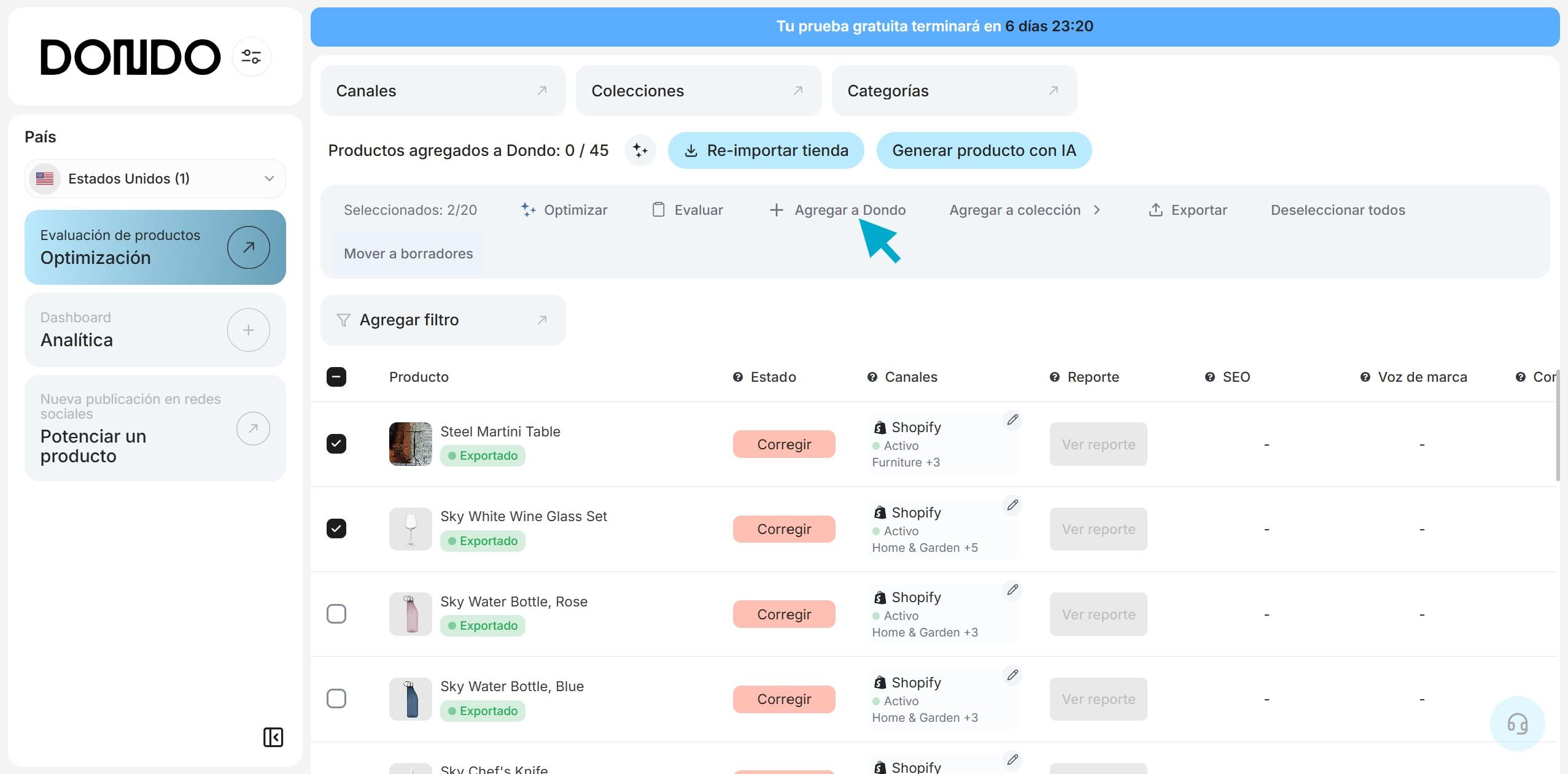 Captura de la vista de productos de Dondo en la que se una flecha azul señalando la opción "Agregar a Dondo"