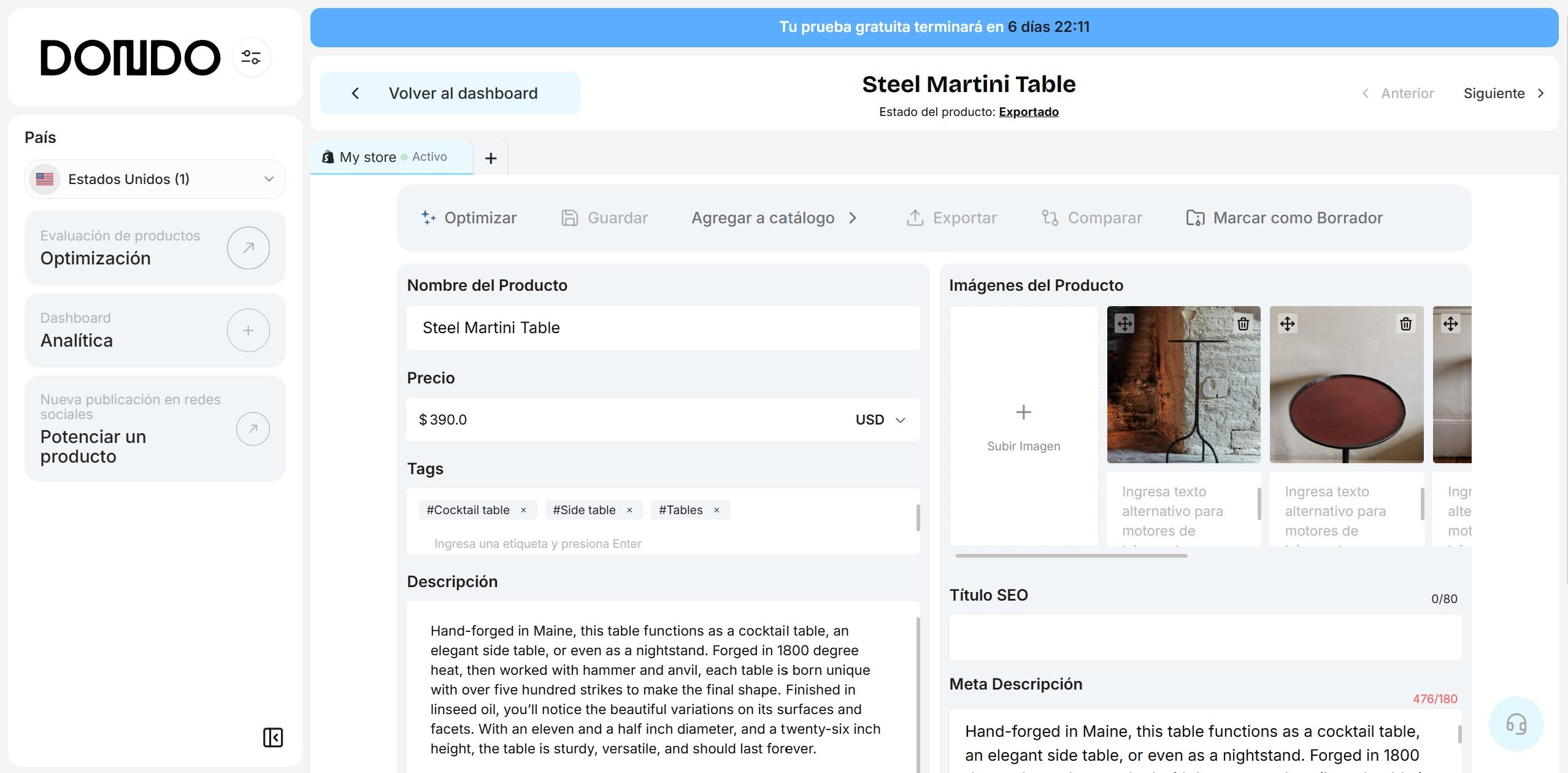 Captura de pantalla del detalle de un producto en Dondo