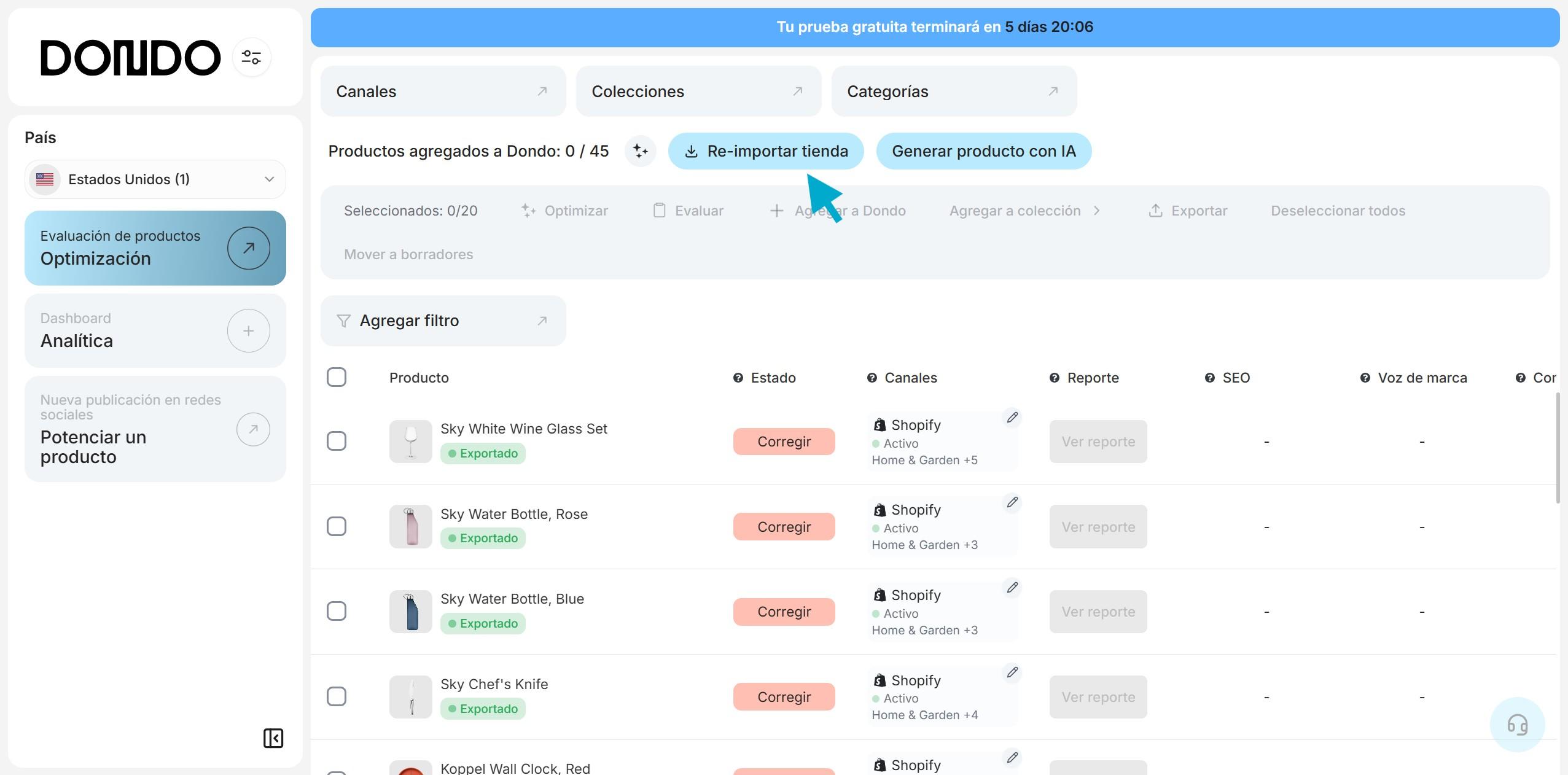 Captura de pantalla del panel de control de Dondo en el que se ve una flecha señalando el botón "Re-importar tienda"