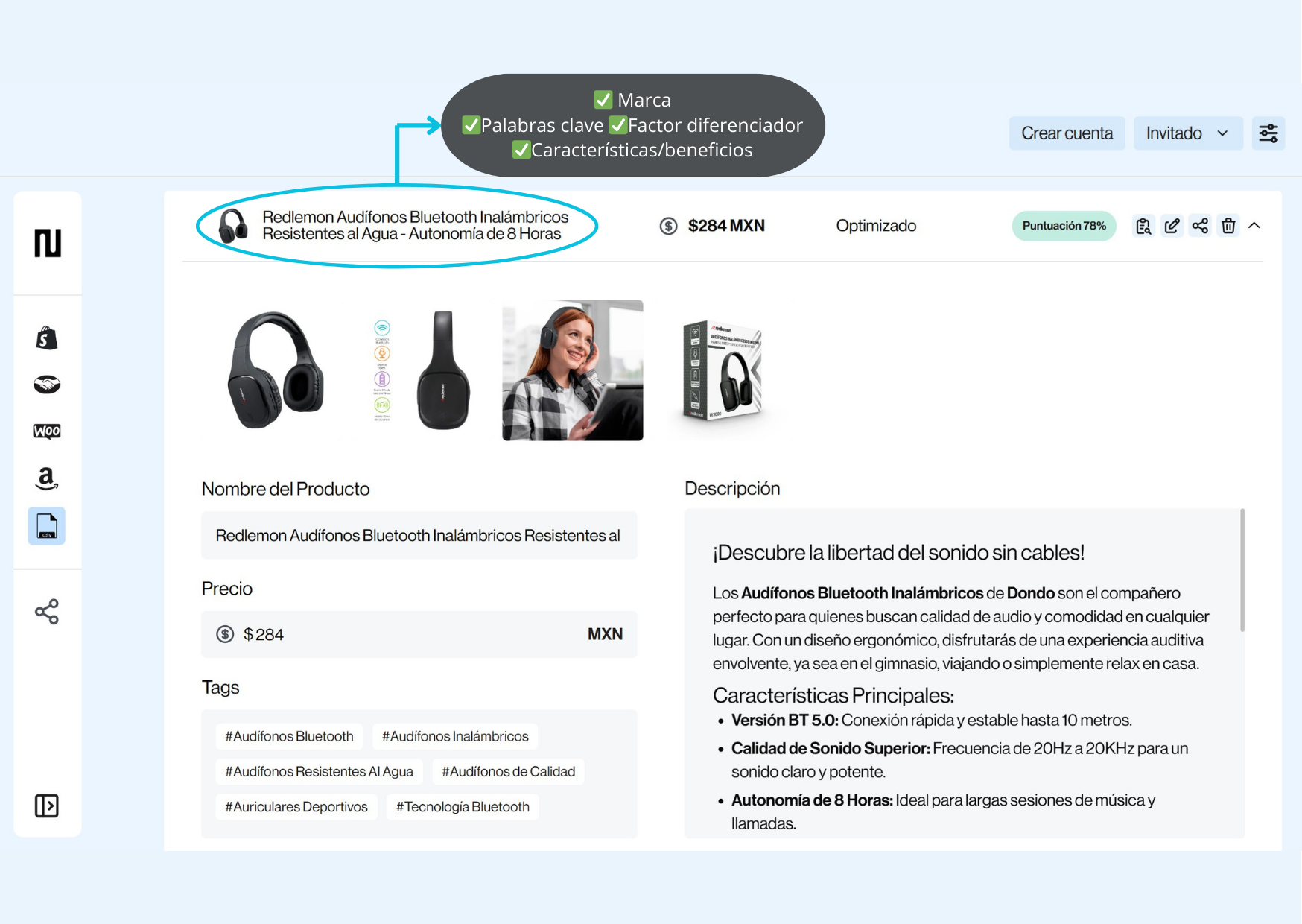 título de producto optimizado para SEO y palabras clave con Dondo ai