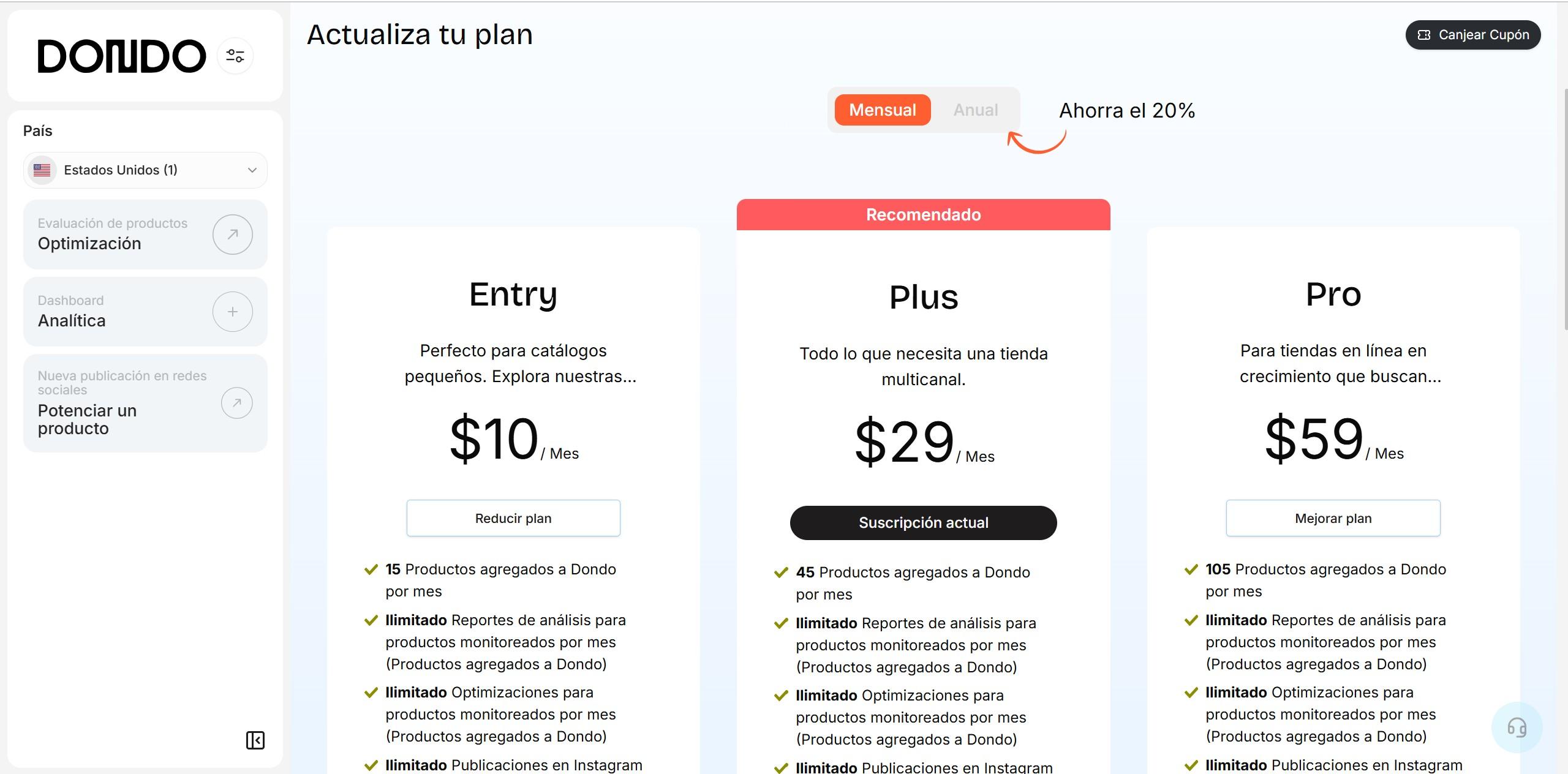 Captura de la pantalla para mejorar plan en Dondo
