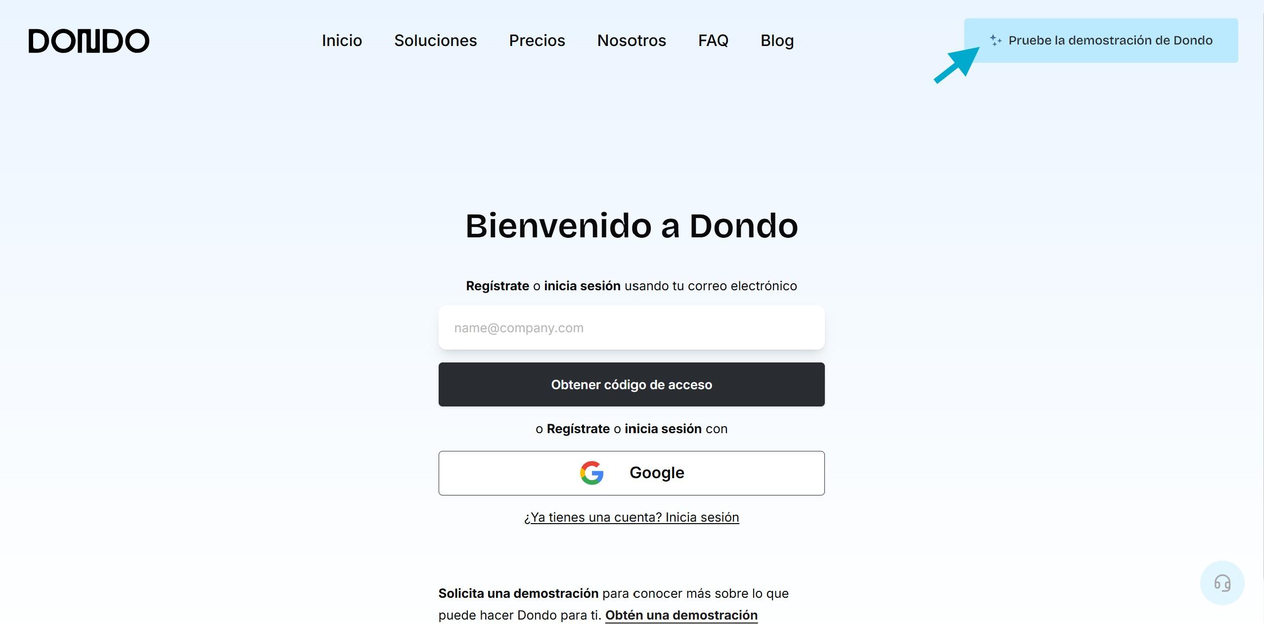 Captura de la pantalla para comenzar una prueba gratuita con Dondo en la que se ve una flecha señalando la opción "prueba la demostración de Dondo"