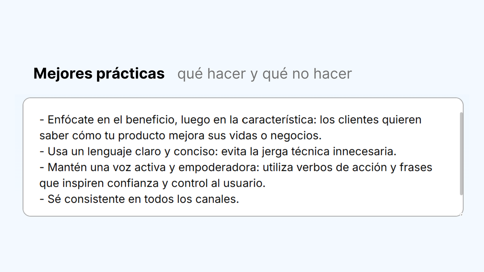 Ejemplo de mejores prácticas para una guía de voz de marca, fuente: Dondo IA