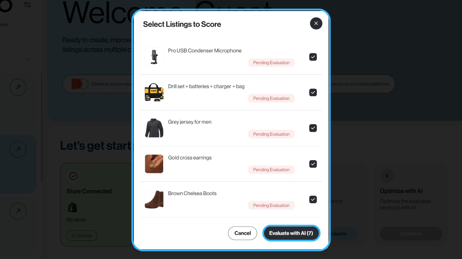 screenshot of Dondo's onboarding process, step select products to evaluate