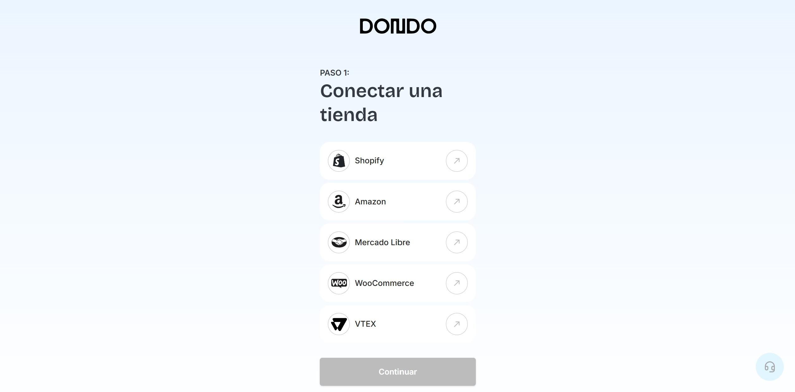 Captura de la pantalla para conectar una tienda Shopify, Amazon, MercadoLibre, WooCommerce o Vtex en Dondo