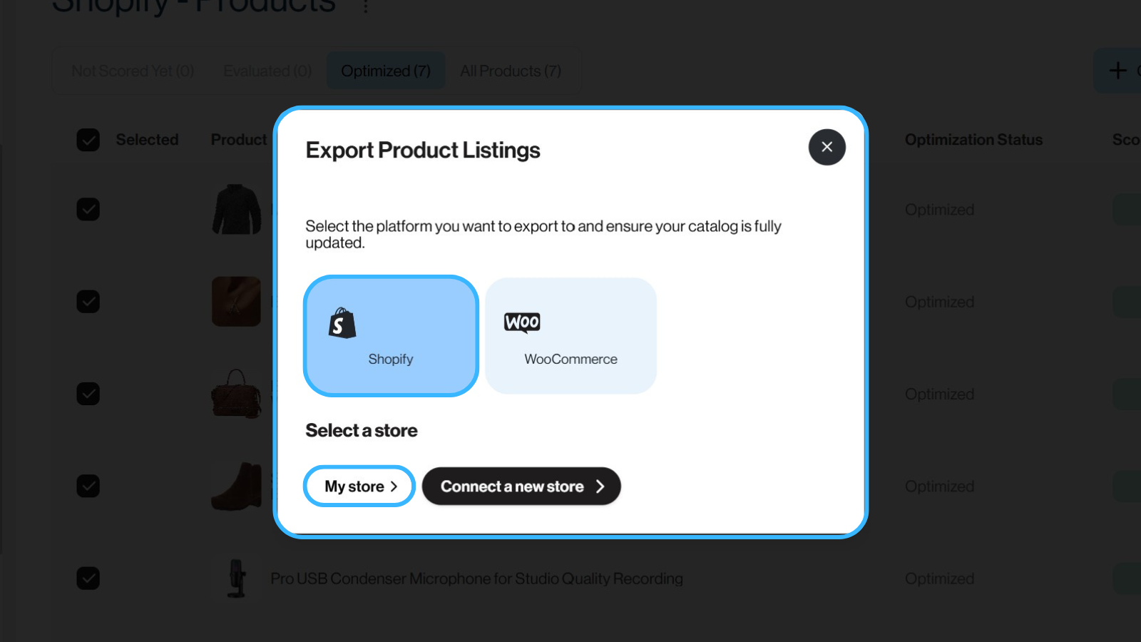 screenshot of Dondo's onboarding process, step export products to your store