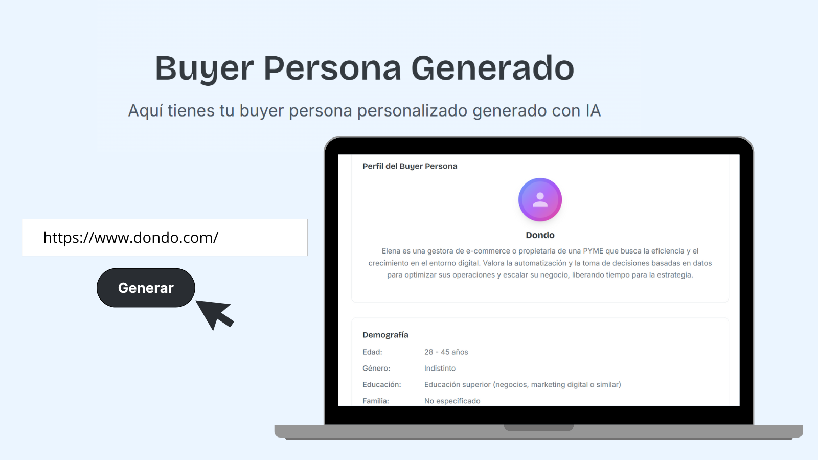 Ejemplo de Buyer persona generado con Dondo IA. Se muestra un campo para ingresar una URL, un botón "Generar" y un perfil generado con datos demográficos y descripción.