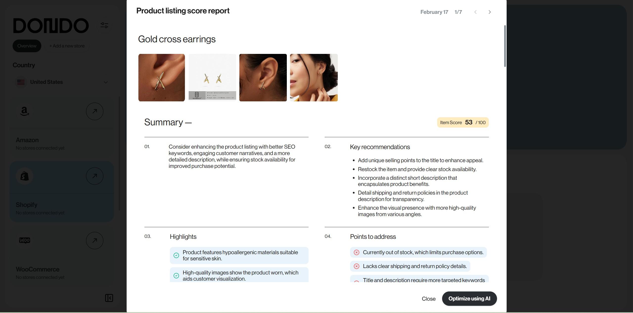 screenshot of product listing score report of Dondo AI